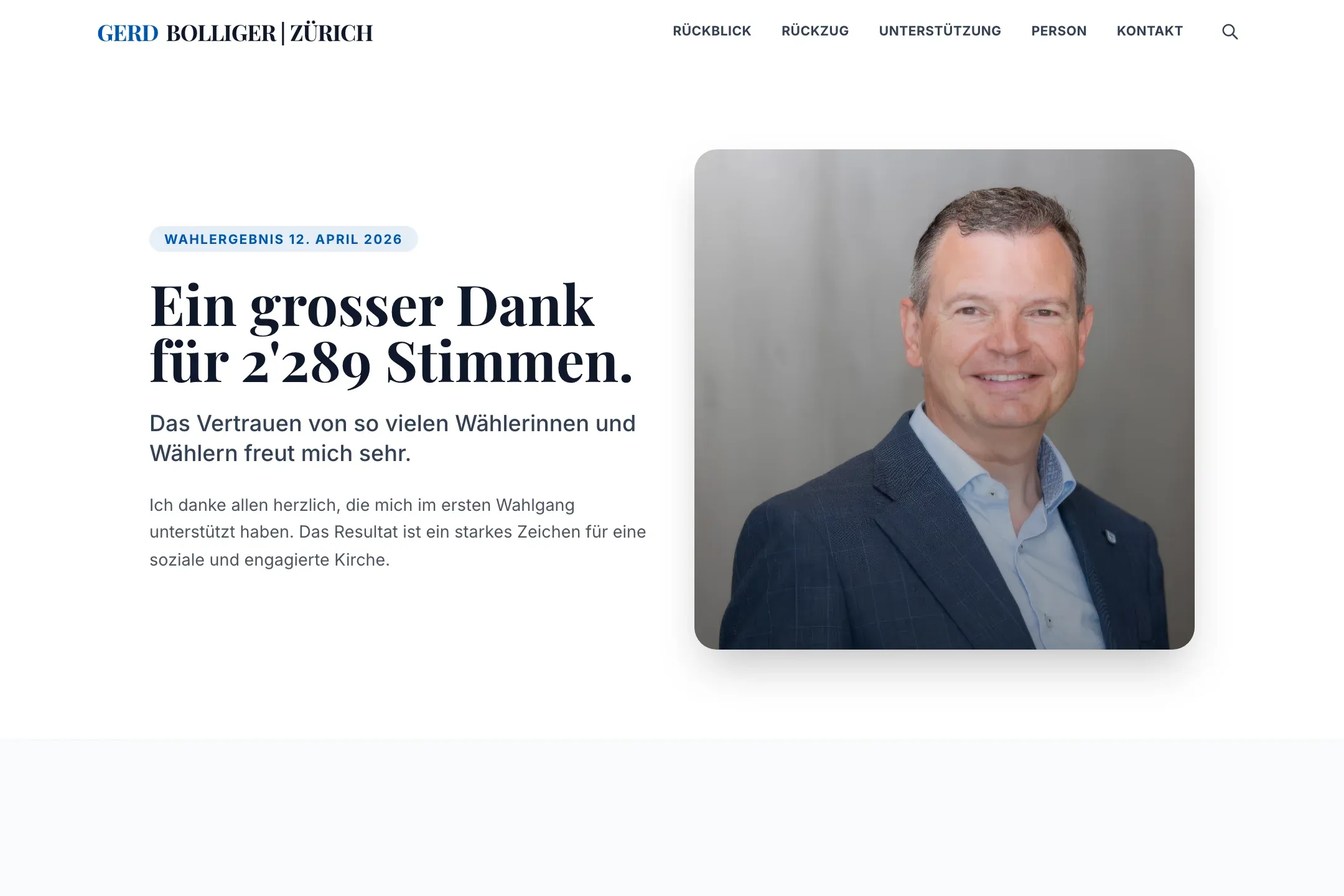 Screenshot von gerdbolliger.ch mit Dankesbotschaft nach dem ersten Wahlgang