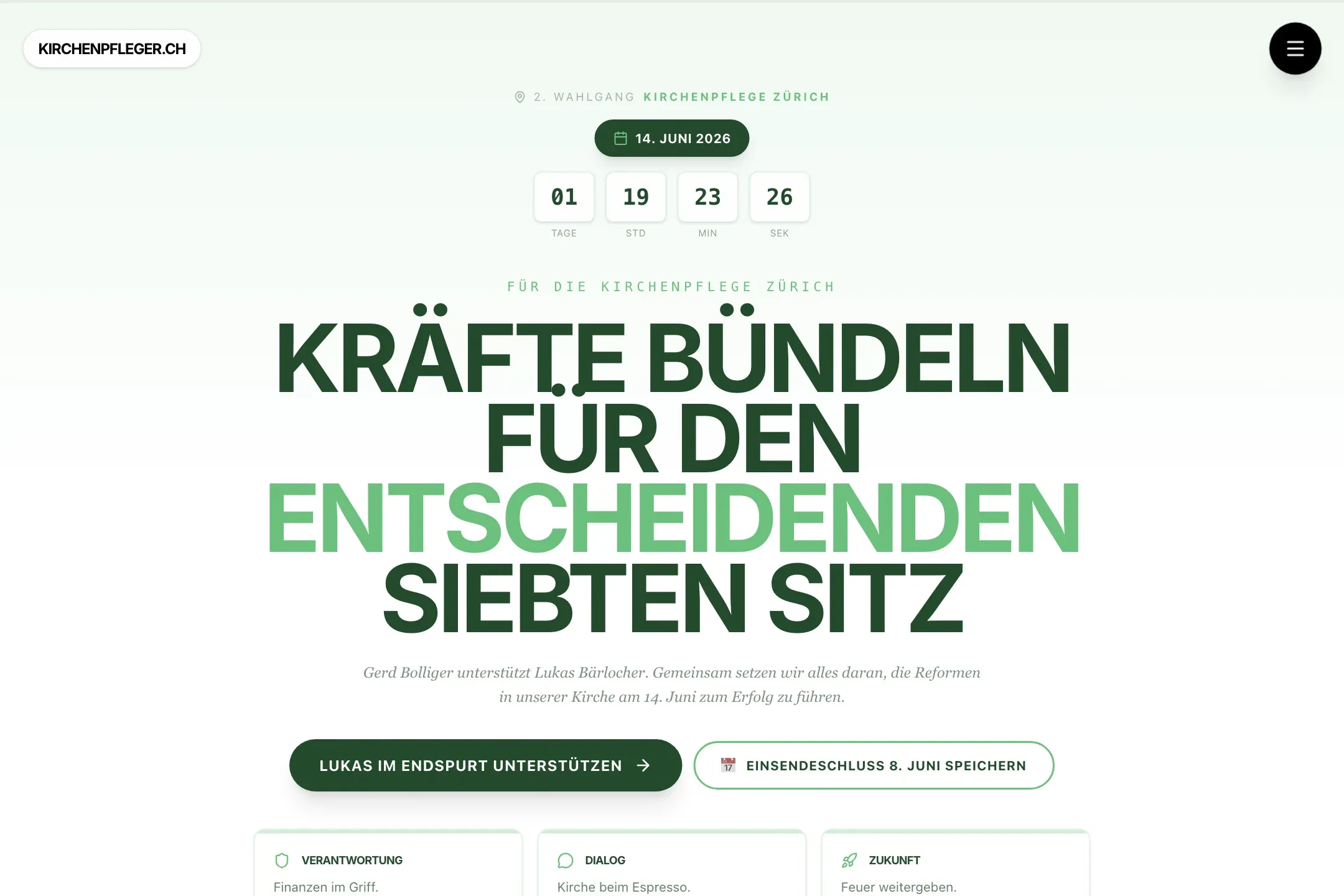 Screenshot von kirchenpfleger.ch mit Wahl-Countdown und Kampagnenbotschaft