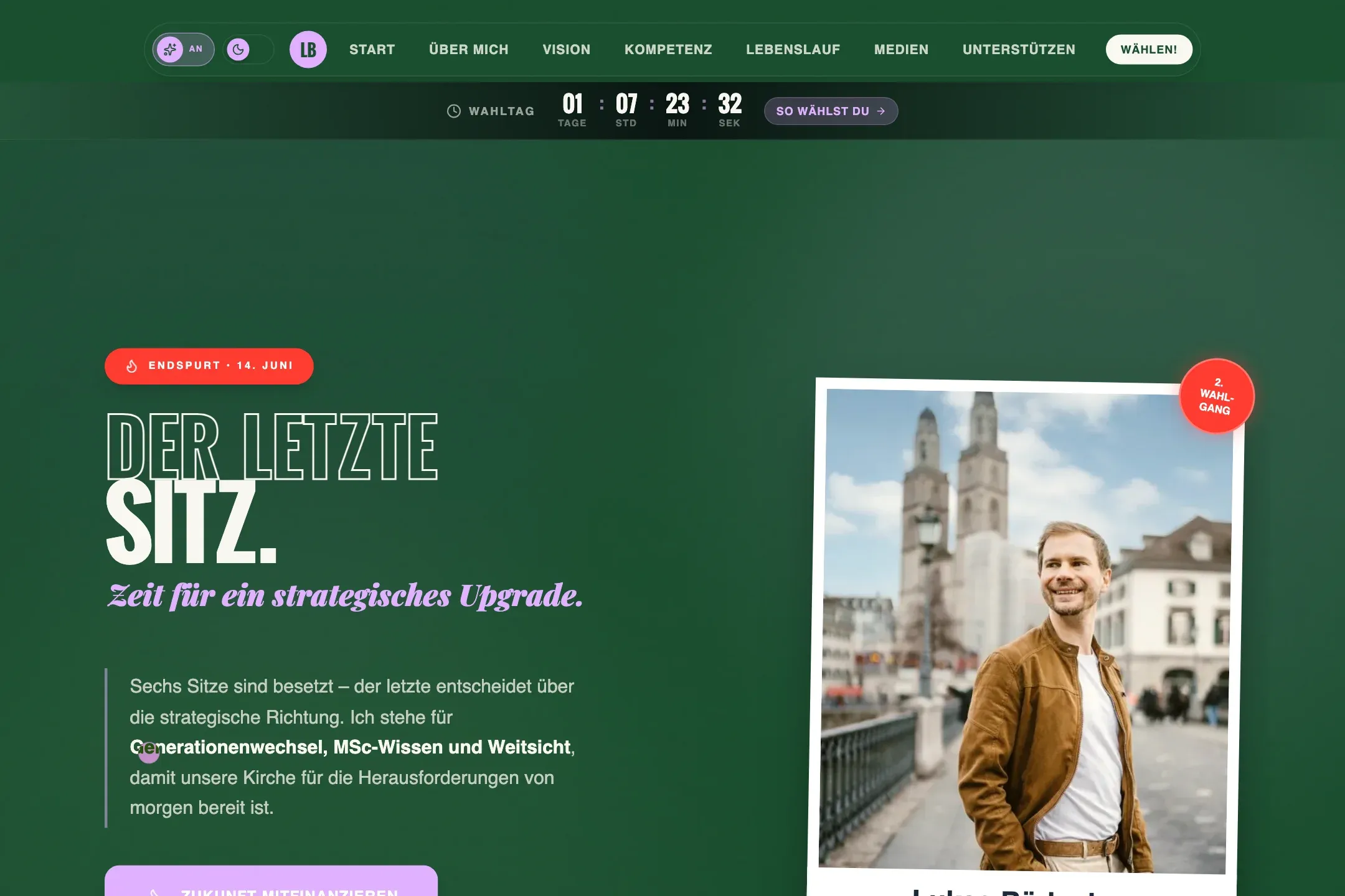 Screenshot der Kampagnen-Website lukasbaerlocher.ch in Grün mit Countdown